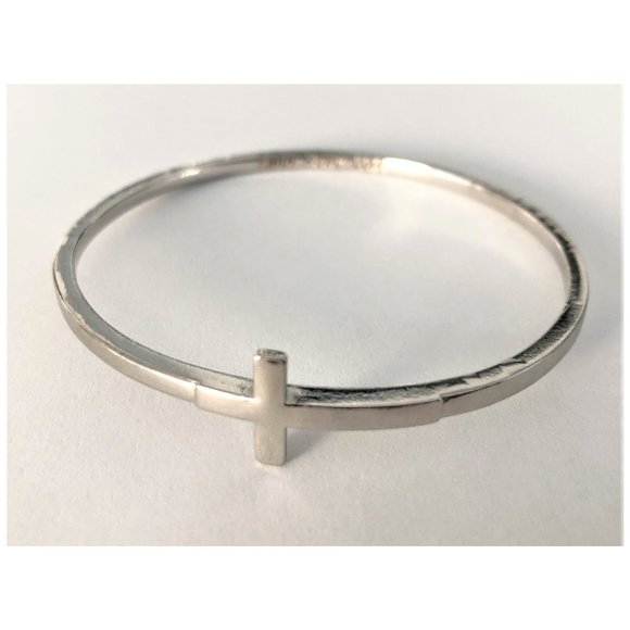 Silver Tone Pewter Sideways Cross Bangle Bracelet Faith Hope Love BSD Christian - Picture 2 of 7